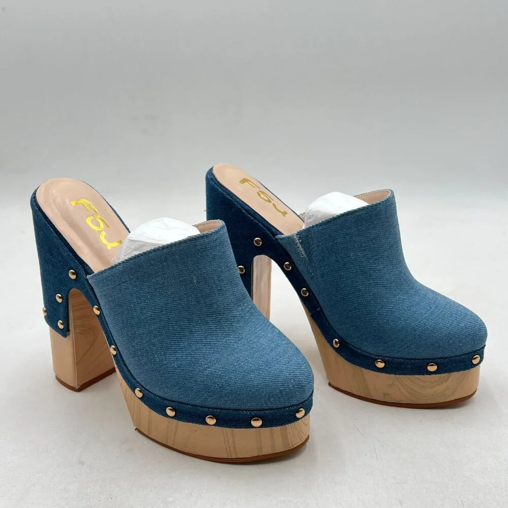 FSJ Blue Denim Round Toe Mules High Chunky Heel Slip On Platform Wooden Sandal - Picture 4 of 8
